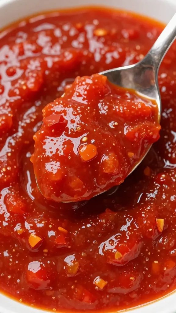 spoonful of spicy tomato-pepper sauce, glossy surface
