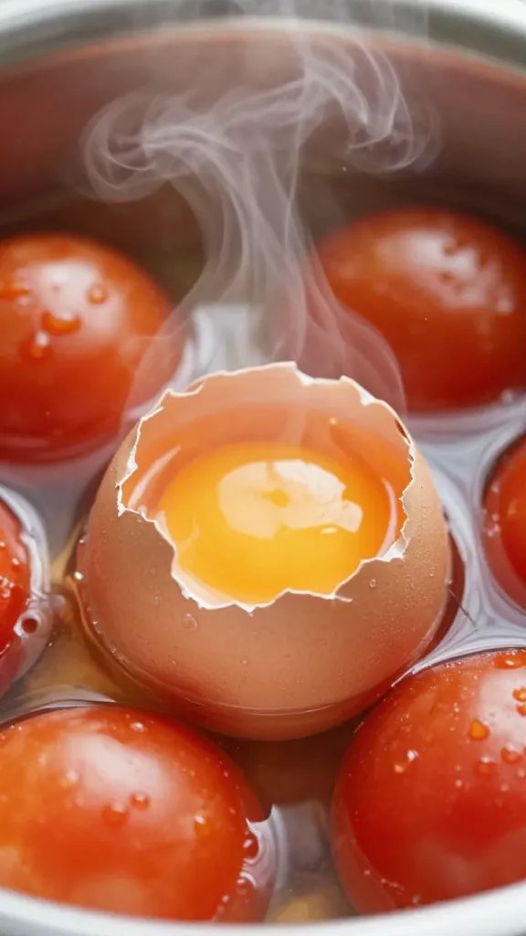cracked egg nestled in simmering tomatoes, macro steam