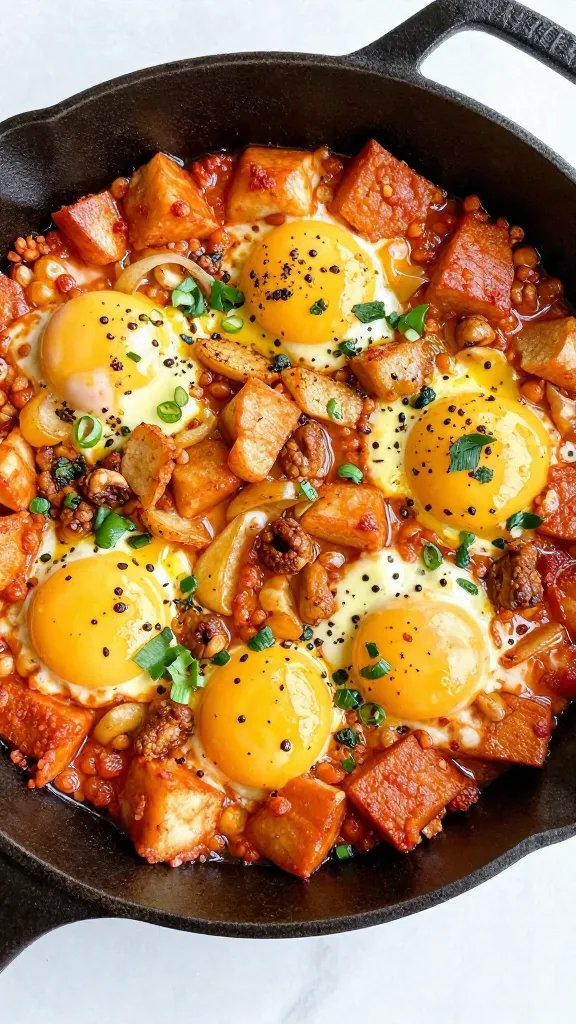 cast-iron pan patatas bravas shakshuka, overhead closeup