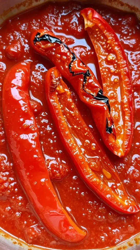 roasted red pepper strip in tomato sauce, gleaming oil