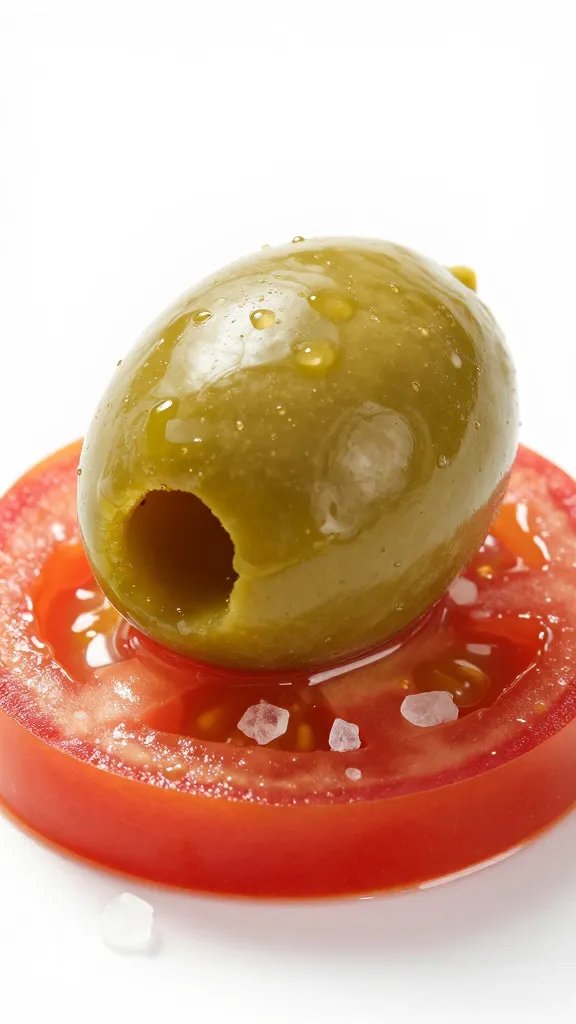 single green olive on tomato base, coarse sea salt