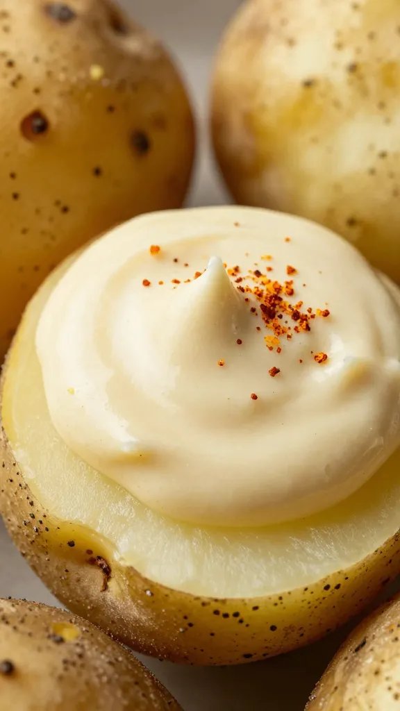 drizzle of smoked paprika aioli on potato, macro shot