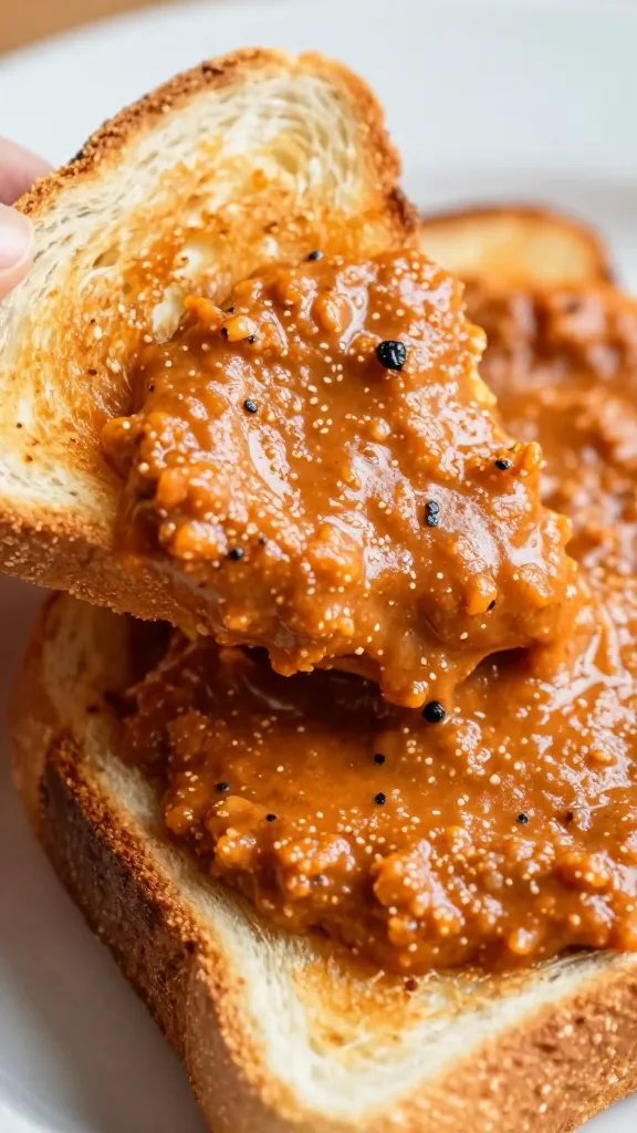 toasted bread slice dipped in shakshuka sauce, closeup