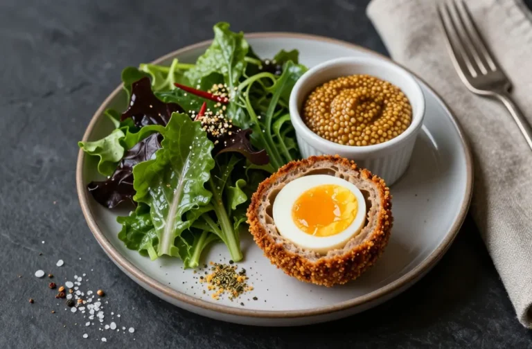 Scotch Eggs As Dinner — Crispy Sausage-Wrapped Eggs Served with Dressed Greens and Proper Mustard Sauce