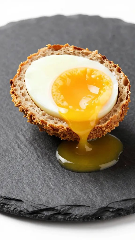 halved Scotch egg with runny yolk on slate plate