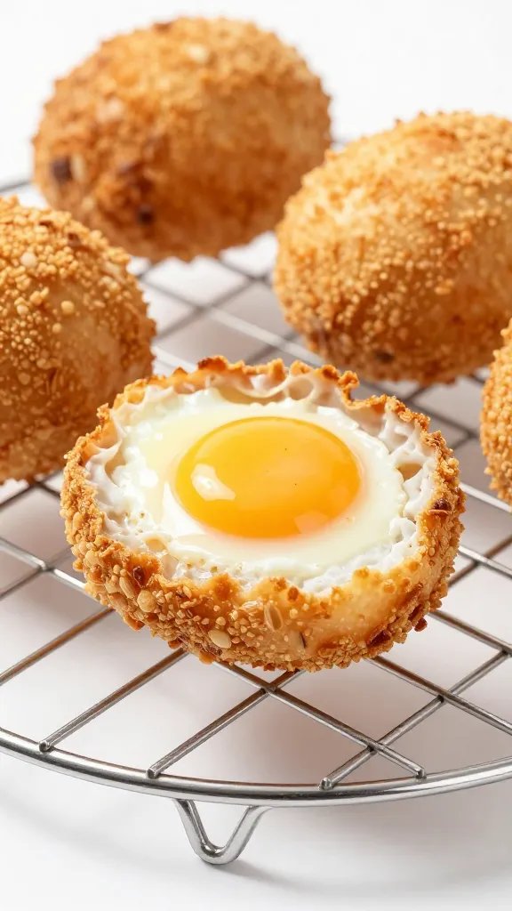 whole crispy Scotch egg on wire rack, studio lighting