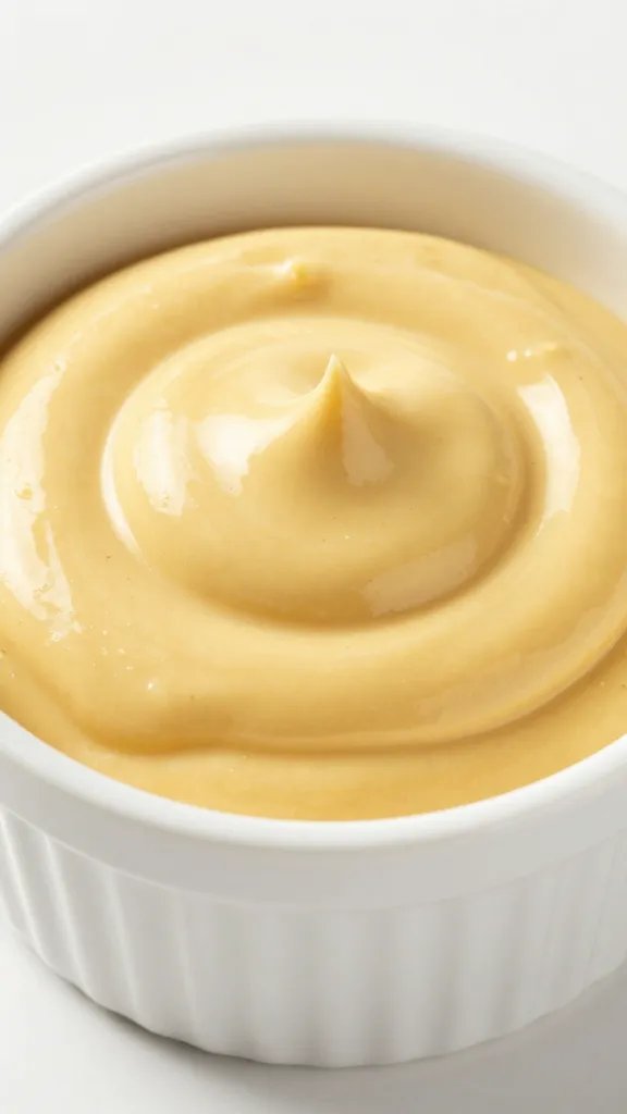 closeup of mustard sauce swirl in ramekin