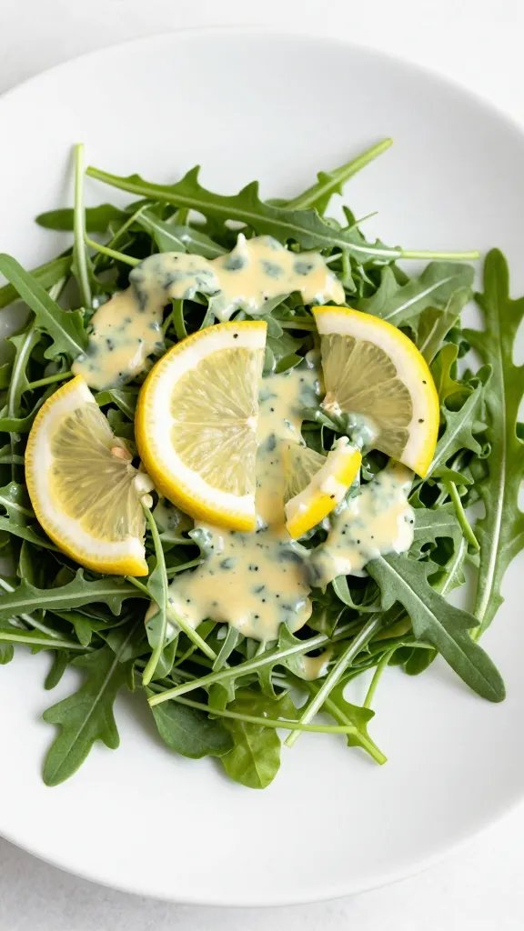 dressed arugula salad with lemon vinaigrette on white plate