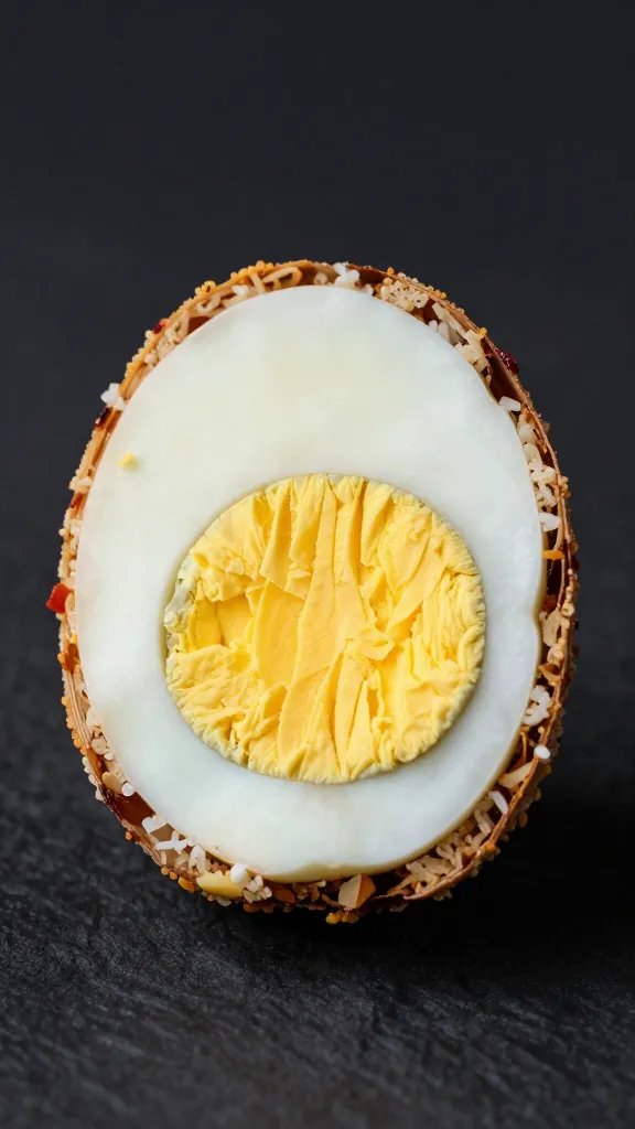 breadcrumb-coated Scotch egg cross-section on dark backdrop