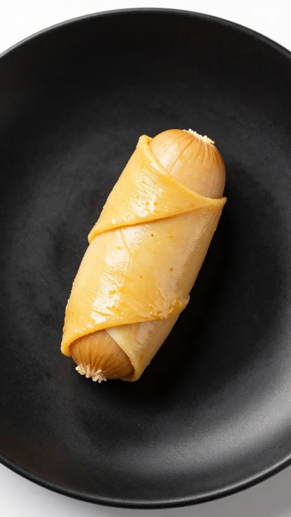 golden sausage-wrapped egg on matte black plate