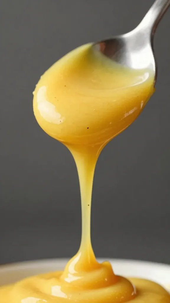 spoon dripping proper mustard sauce, macro shot