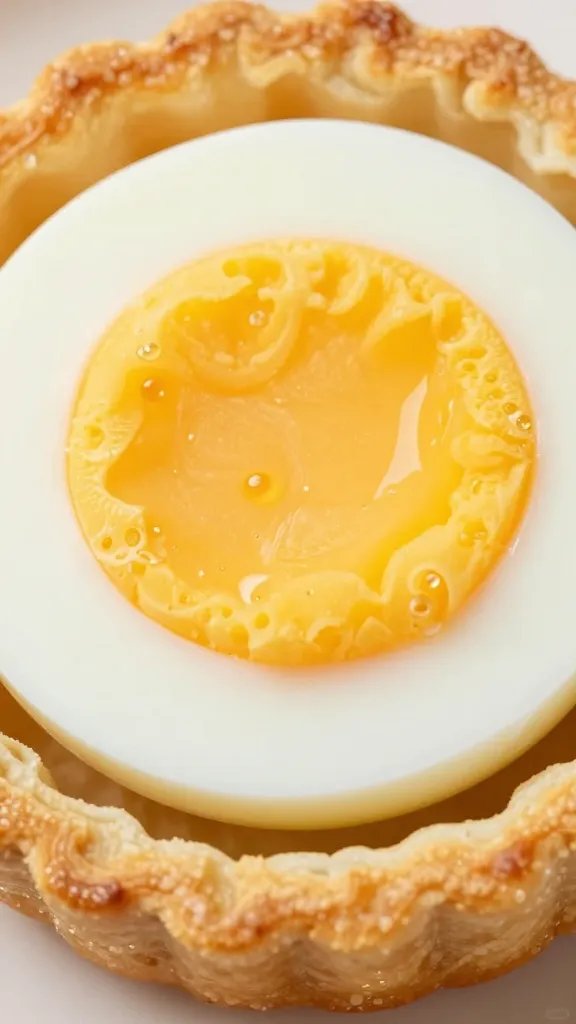 soft-boiled egg center inside sausage crust, extreme closeup