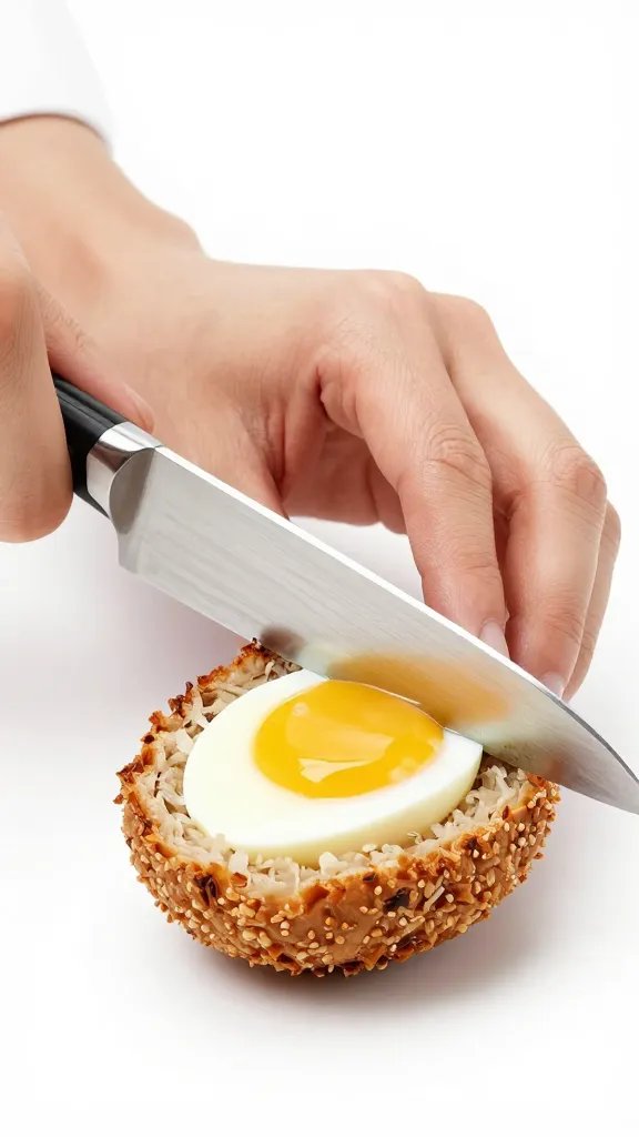 chef’s knife slicing Scotch egg, clean background