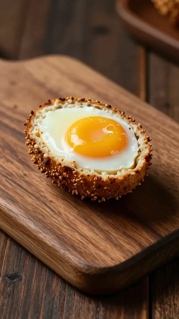 single Scotch egg on rustic wooden board, side light
