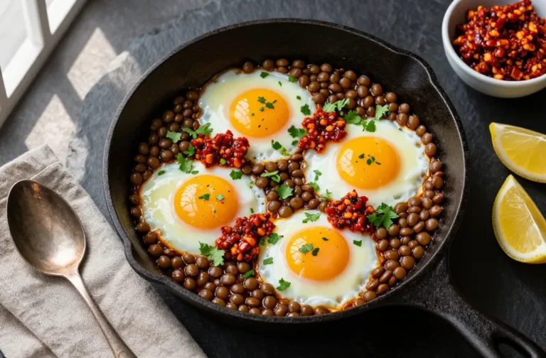 Baked Eggs with Lentils and Harissa — the High-Protein Egg Dinner with North African Spice and Zero Fuss
