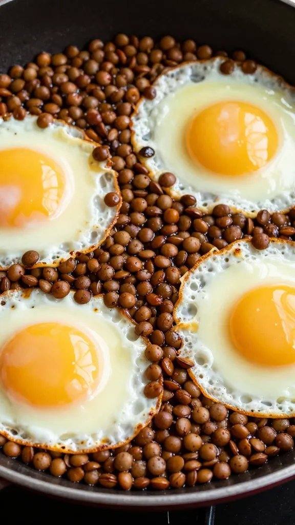 closeup skillet of baked eggs in spiced lentils