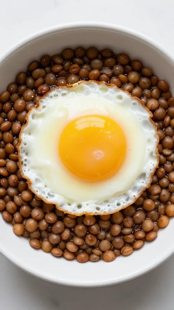 runny-yolk baked egg nestled in lentils, overhead