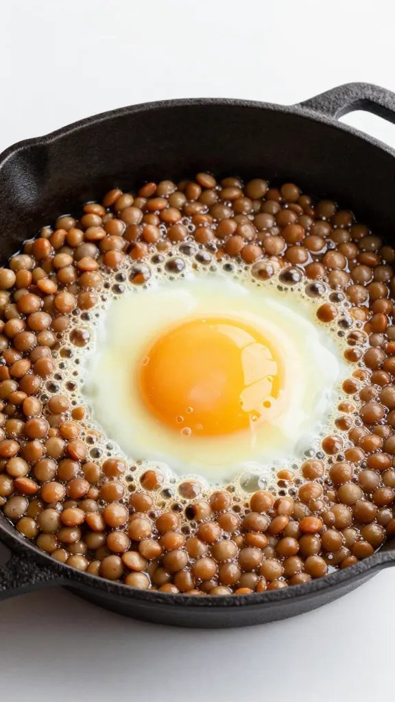 cast-iron skillet with bubbling lentil base, single egg
