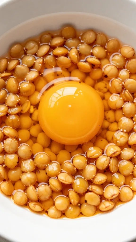 golden yolk with chili oil sheen atop lentils