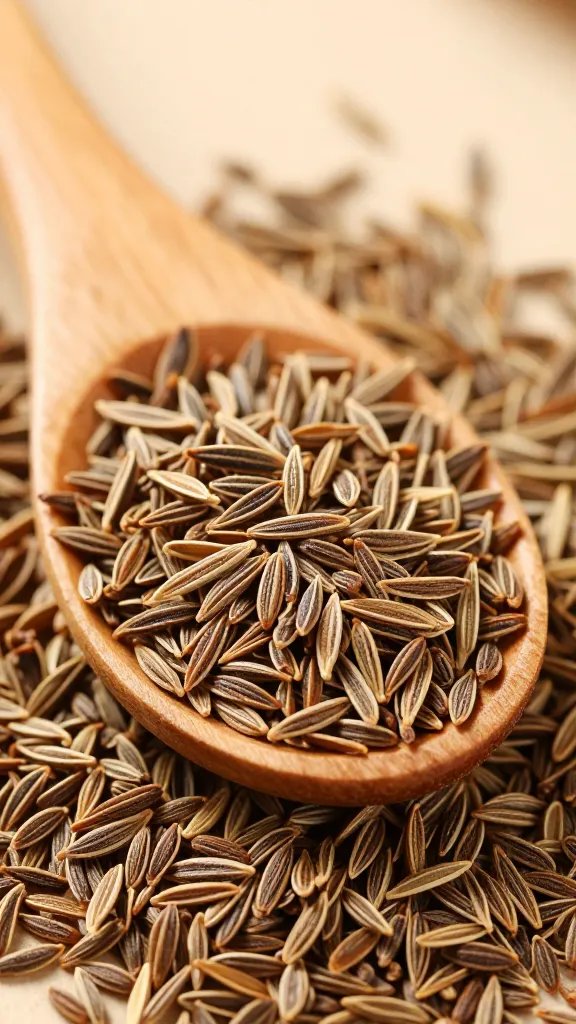 toasted cumin seeds on wooden spoon, macro