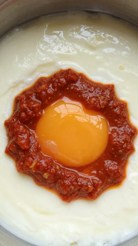 dollop of harissa melting into egg white, closeup