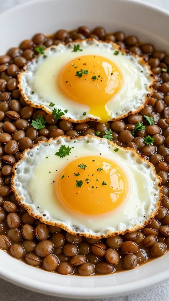 parsley-sprinkled baked egg in saucy lentils, tight crop