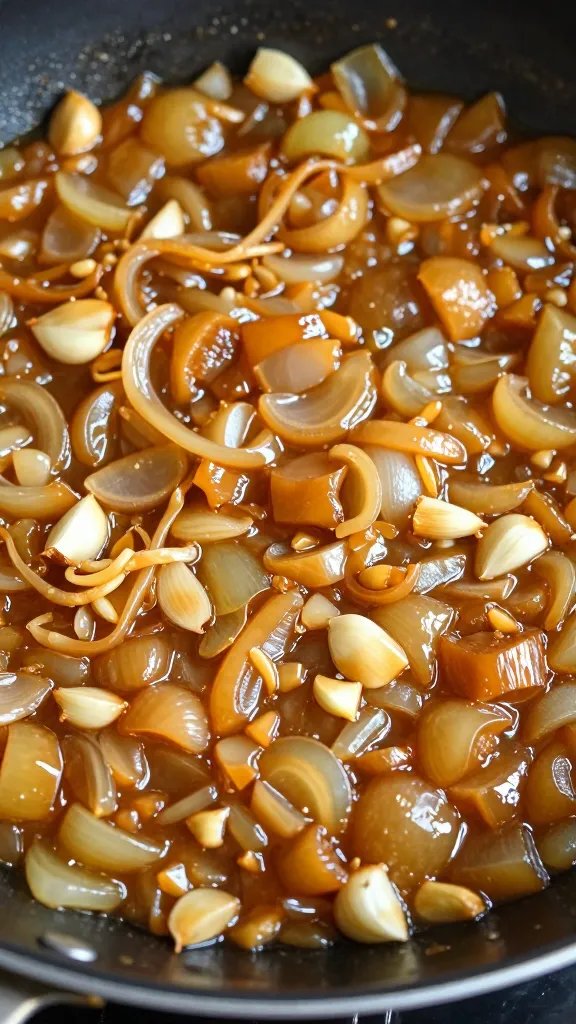 caramelized onion and garlic base in skillet, closeup