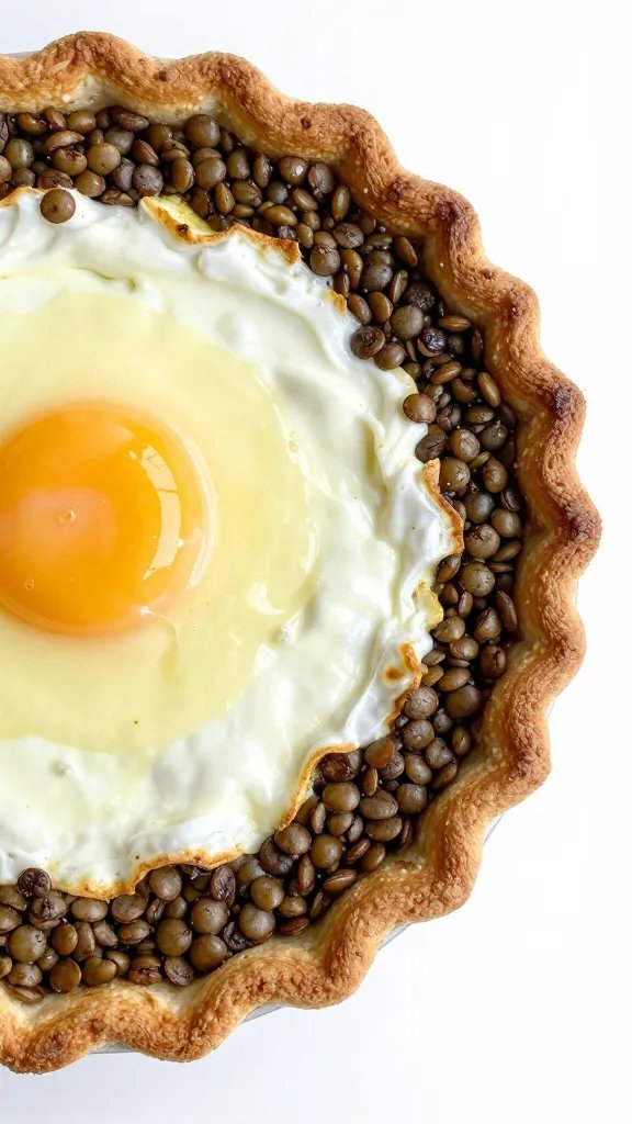 crusty edge of lentil bake with set egg whites