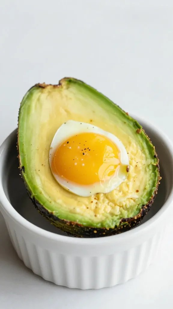 baked egg in avocado half on small white ramekin