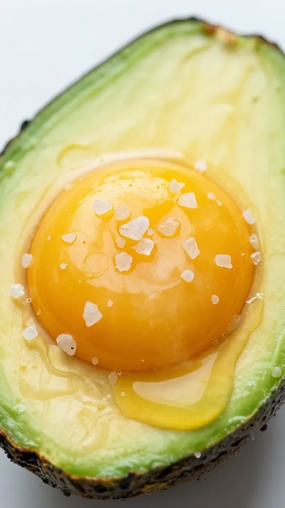 closeup runny yolk baked in avocado, sea salt flakes