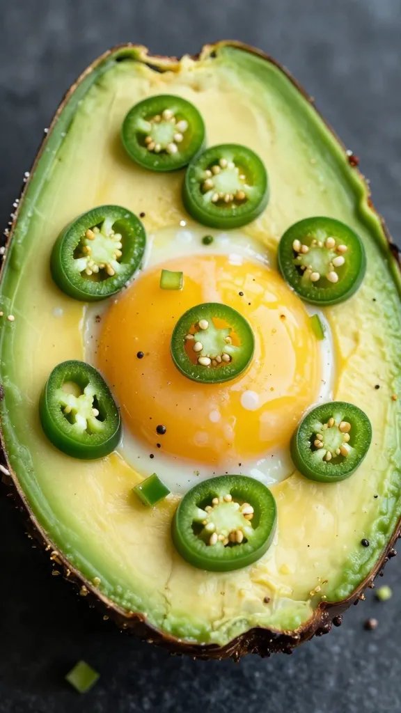 baked avocado egg topped with chopped jalapeño slices