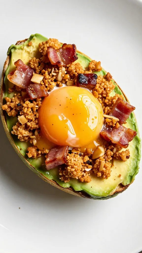 crispy bacon crumble on baked avocado egg, macro shot
