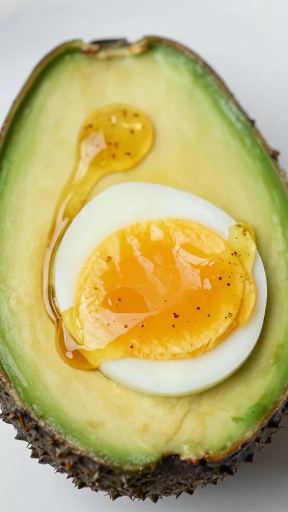 baked egg avocado with hot honey drizzle, closeup