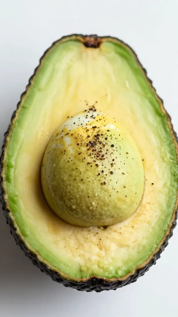 avocado half cradling soft-set egg, black pepper dust