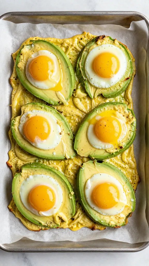 baked avocado egg on parchment-lined baking sheet