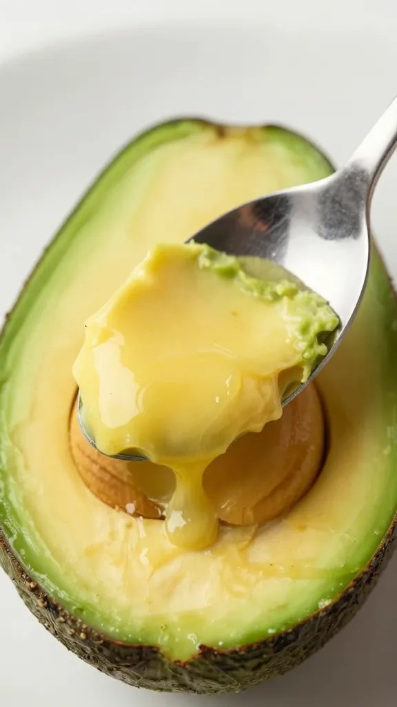 spoon scooping custardy yolk from baked avocado