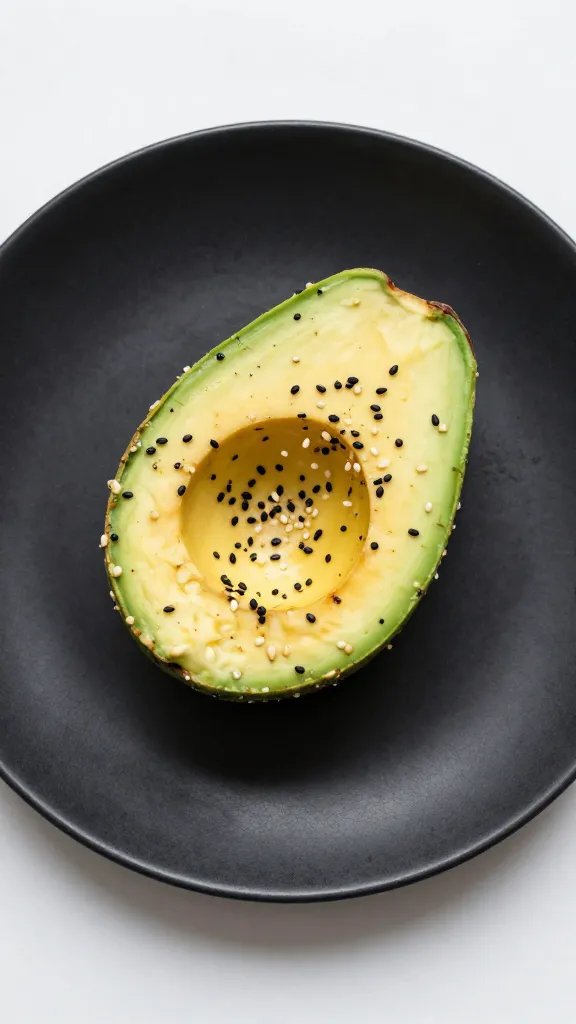 sesame-studded baked avocado egg, matte black plate