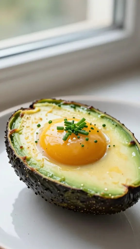 baked avocado egg with chive garnish, natural window light