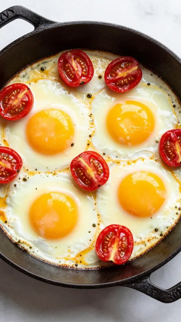 cast-iron skillet baked eggs with burst cherry tomatoes, overhead