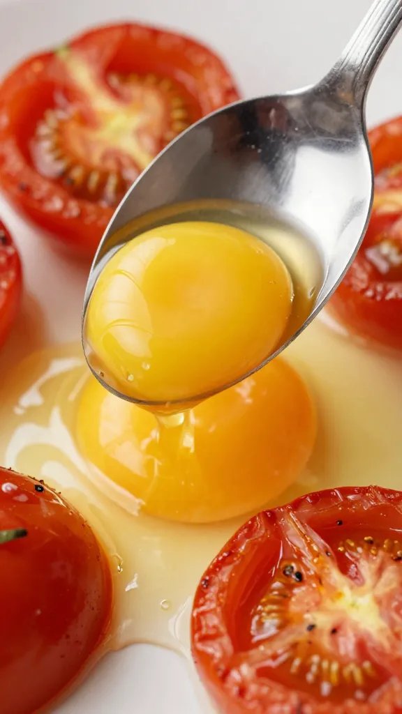 closeup of runny egg yolk over roasted tomatoes, spoon tearing
