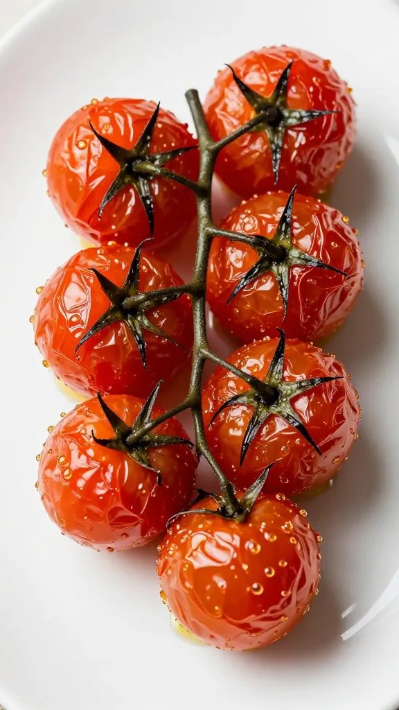 roasted cherry tomato cluster, blistered skins, olive oil glisten