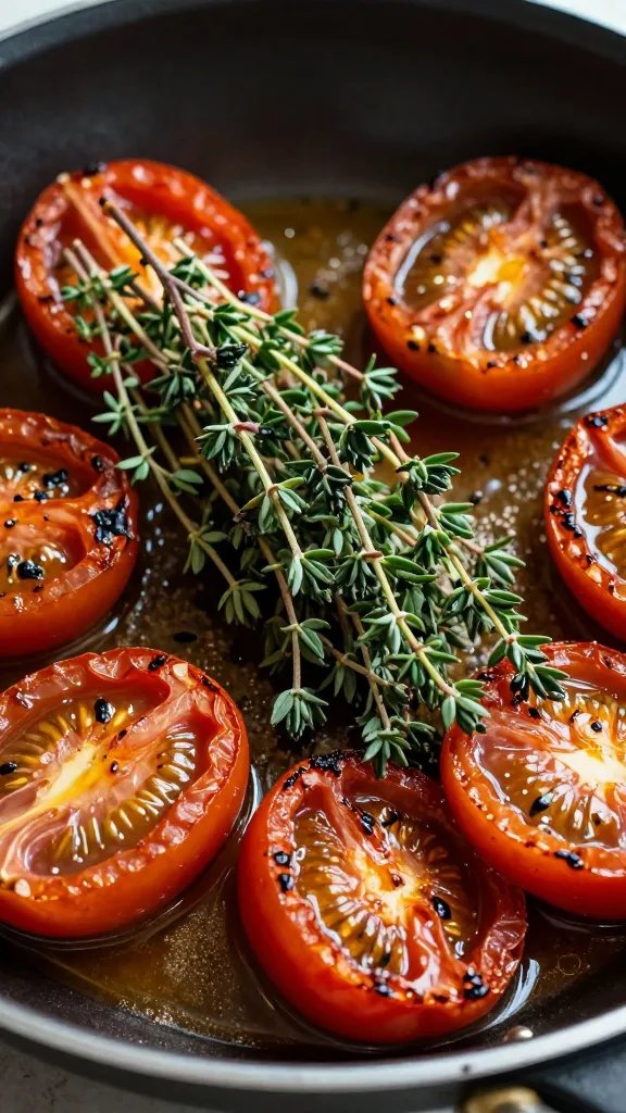 sprig of thyme resting on caramelized tomatoes in pan