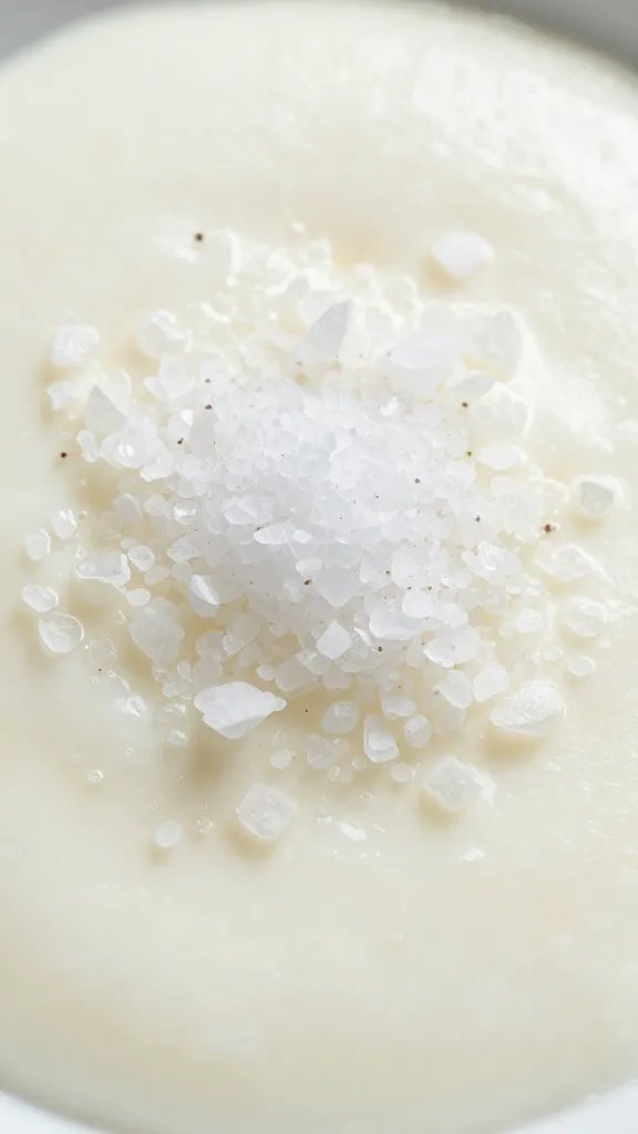 closeup of flaky sea salt on just-set egg white