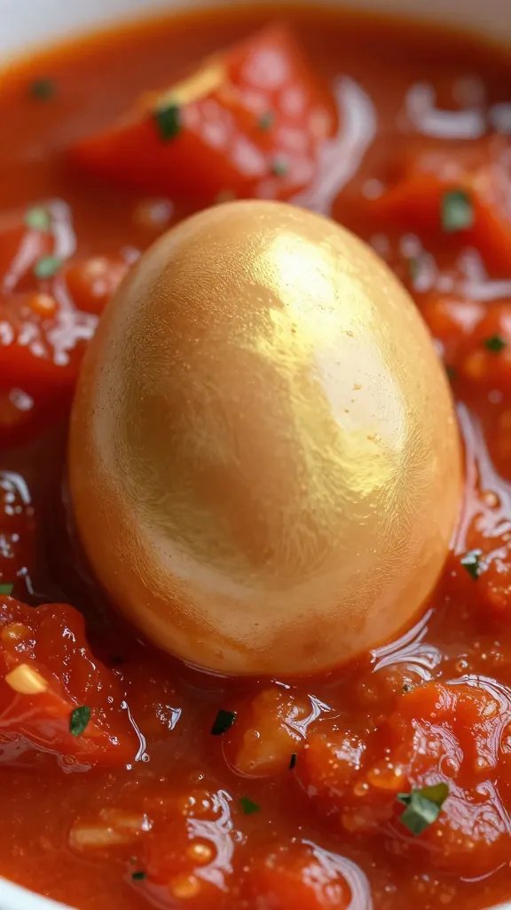 golden-edged egg nestled in herbed tomato sauce, macro