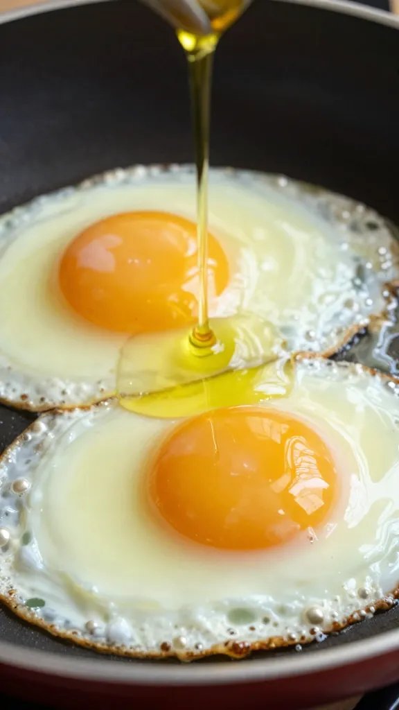 olive oil drizzle pooling in skillet beside baked egg