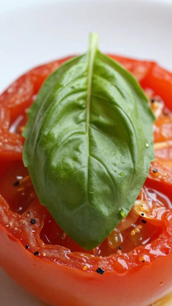 torn basil leaf atop roasted tomatoes, shallow depth-of-field