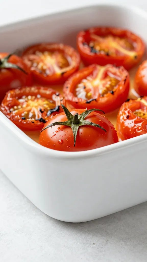 enamel baking dish corner with broiled tomato char, tight crop
