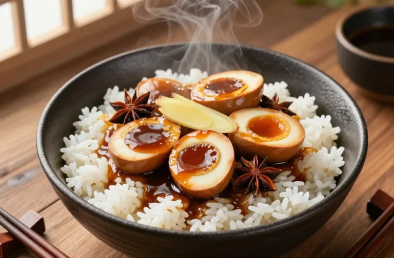 Chinese Soy-Braised Eggs Over Rice — Lu Dan Served As a Full Bowl Dinner with Ginger, Star Anise and the Full Braising Liquid
