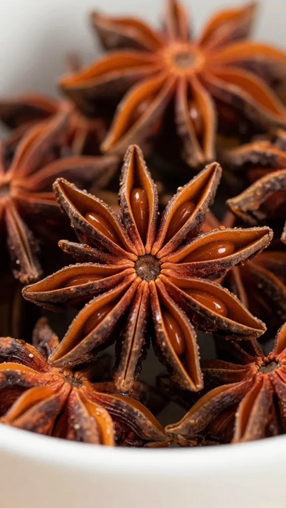 star anise pod drenched in braising liquid closeup