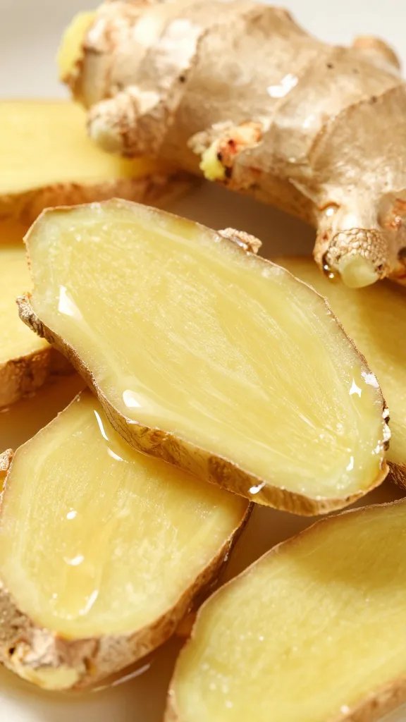 ginger slice glistening in soy braise, macro shot